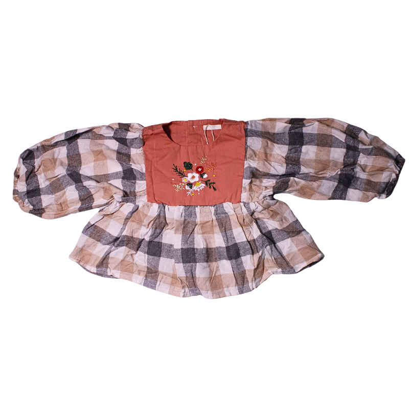 SET MARIA PIA BLUSA CUADROS Y MANGA BOMBACHA Y BLOMMER CORTO